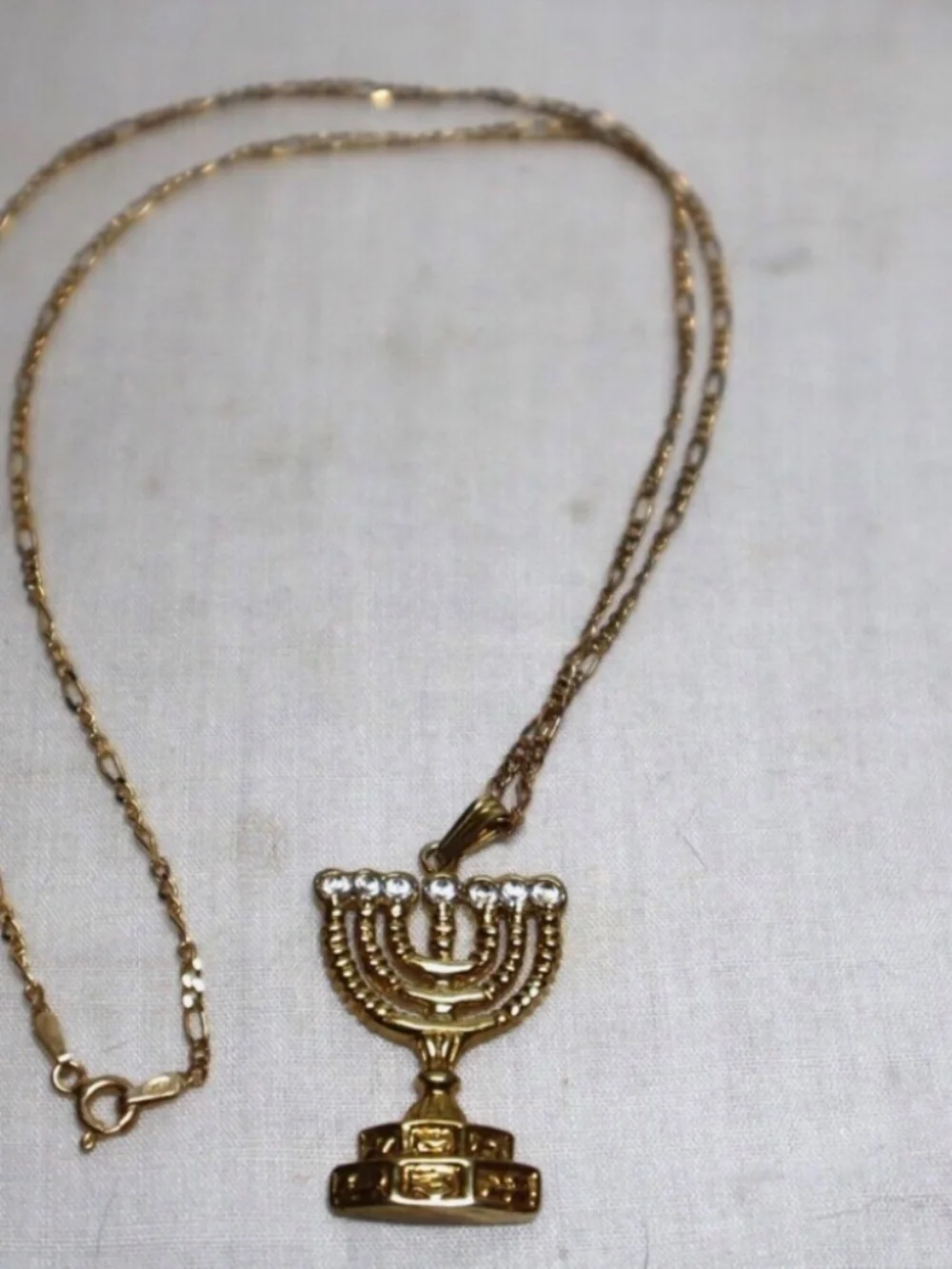 Gold Plated Sterling Silver 925 Judaica Menorah CZ Stone Necklace Hannukah